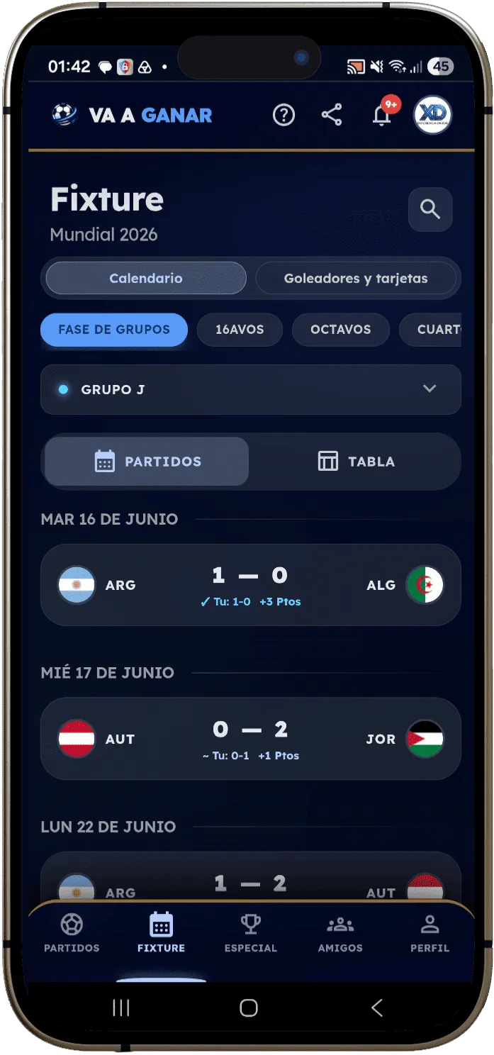 Fixture del Mundial 2026 con un partido en vivo