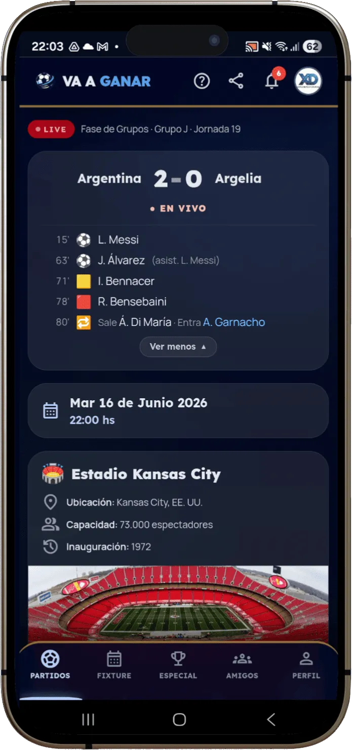 Partido en vivo con goles, tarjetas y cambios minuto a minuto