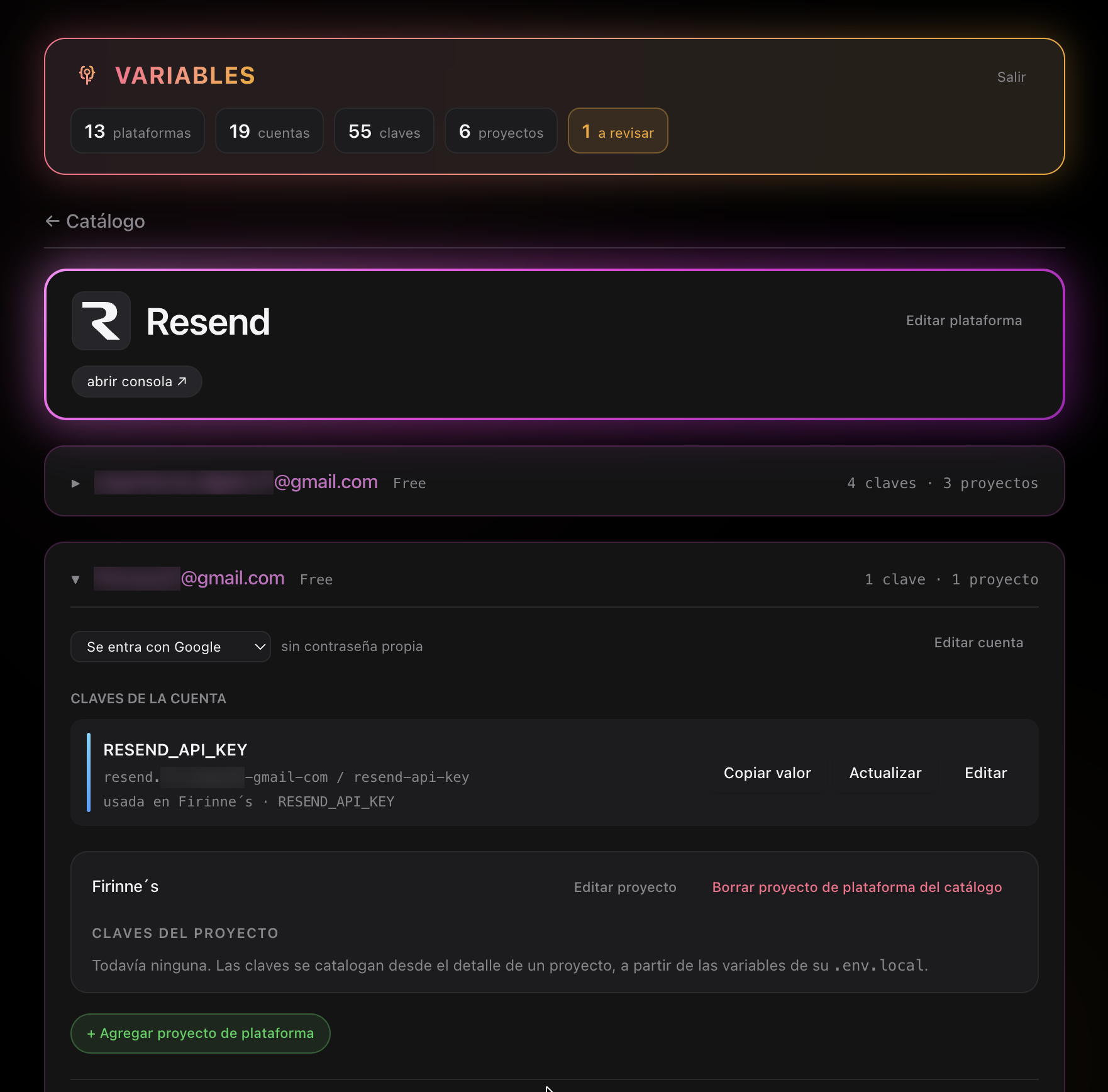 La ficha de Resend: sus cuentas, cómo se entra a cada una y la clave RESEND_API_KEY con el proyecto que la usa.